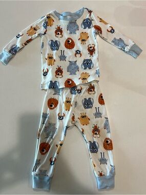 Old Navy White Monster Print Pajama Set with Light Blue Trim